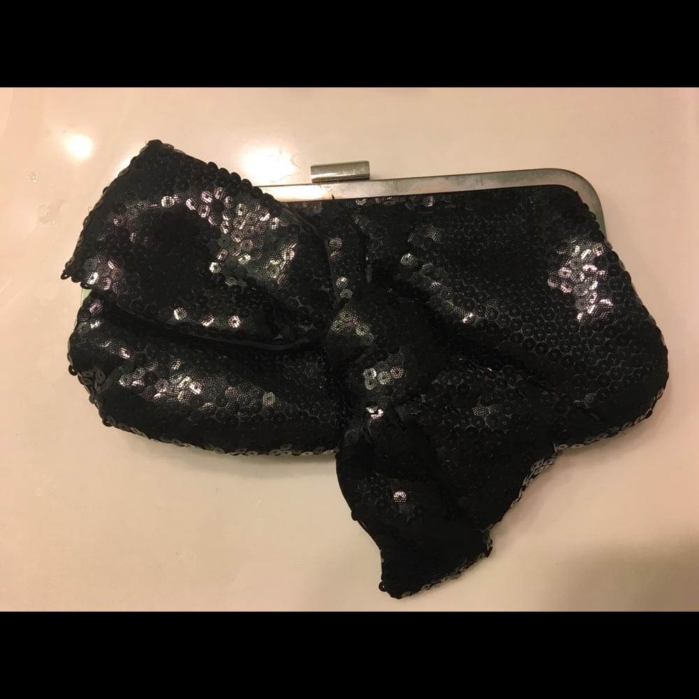 La Regale Black Sequin Bow Clutch